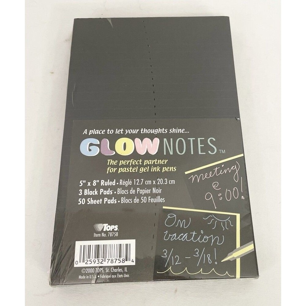 NEW Tops Glow Notes Pastel Gel Ink Pens Notepads Set of 3 Dark Paper Y2K Vintage